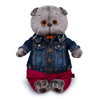 в джинсовой куртке и малиновых штанах