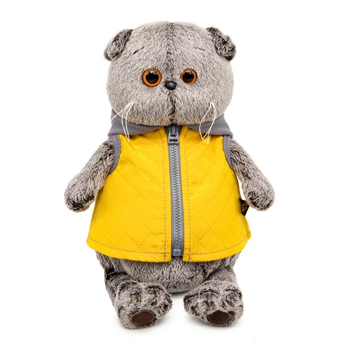 в желтой жилетке с серым капюшоном