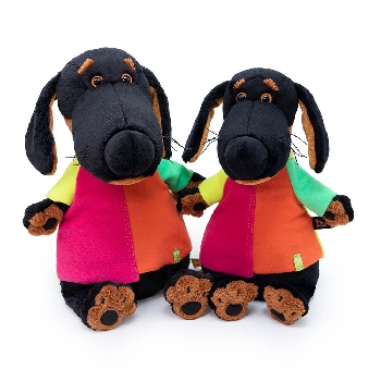 в разноцветной футболке