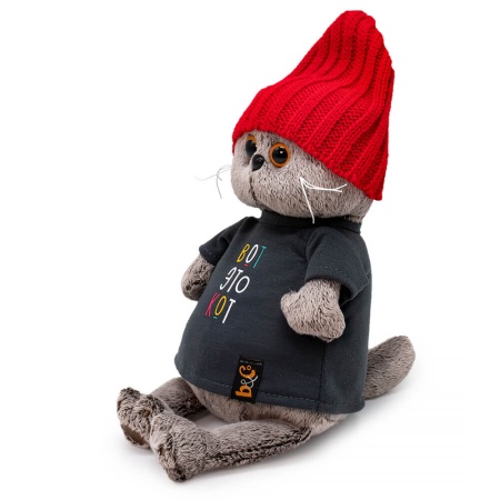 в вязаной шапке и черной футболке