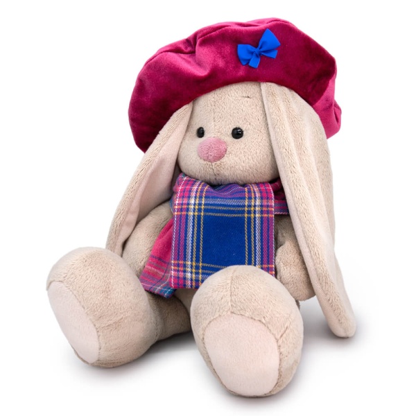 Зайка Ми в бархатном берете и шарфе в клетку