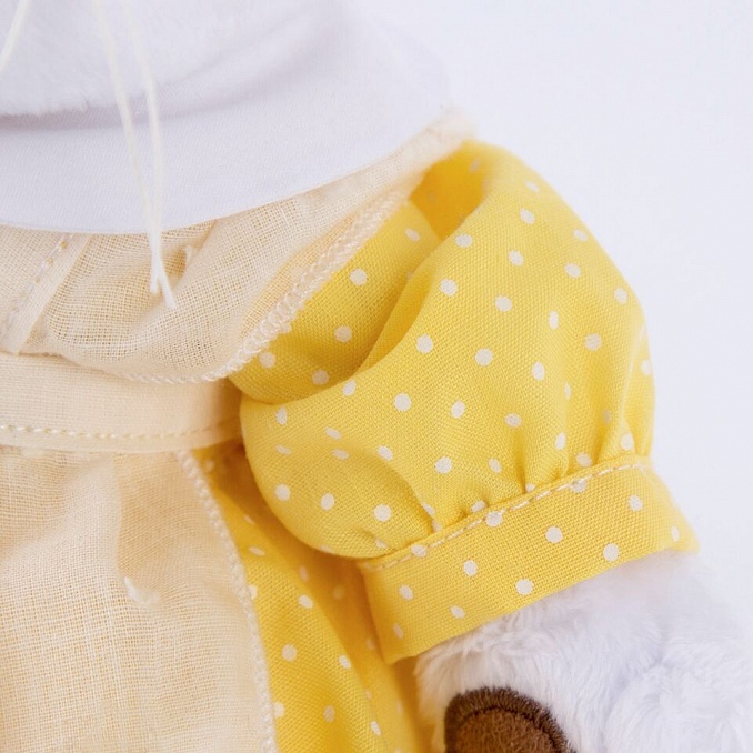 in yellow dress with pinafore in yellow dress with pinafore