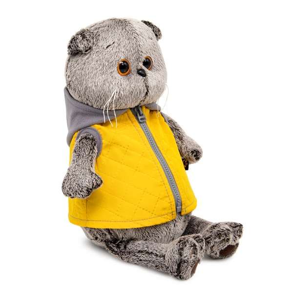 Басик в желтой жилетке с серым капюшоном