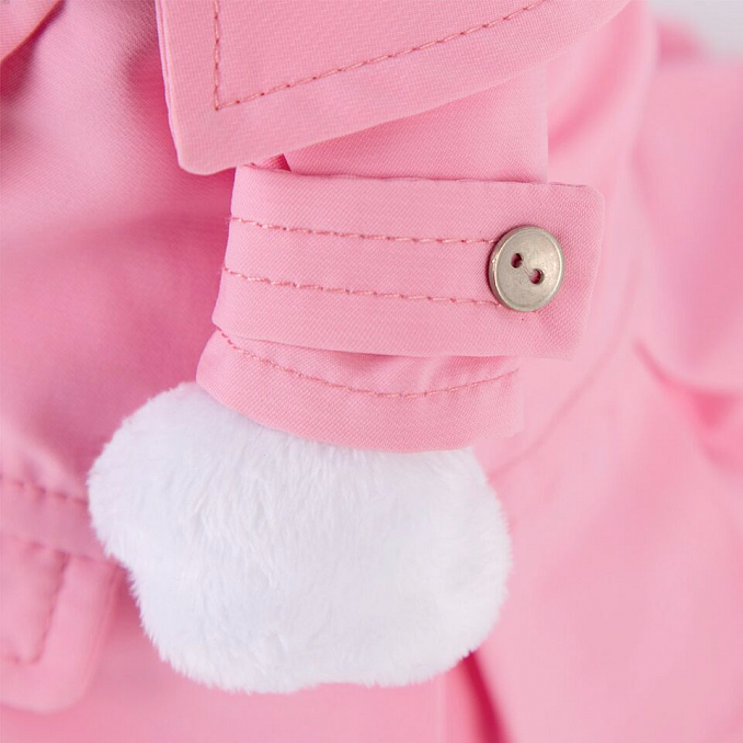 in a pink cloak with a gray bow in a pink cloak with a gray bow