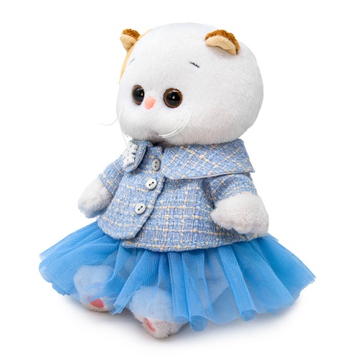 в голубом твидовом жакете и юбке