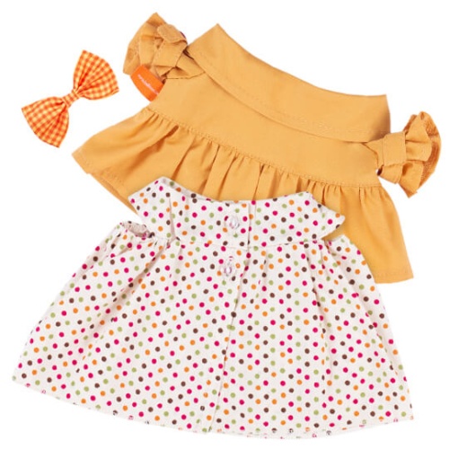 Оранжевый плащ и платье в разноцветный горох